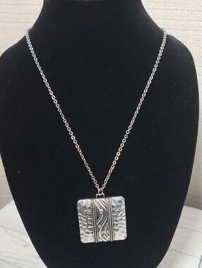 Hammered Square Sterling-Style Pendant Necklace, Stamped 1946 Brand, Vintage EUC